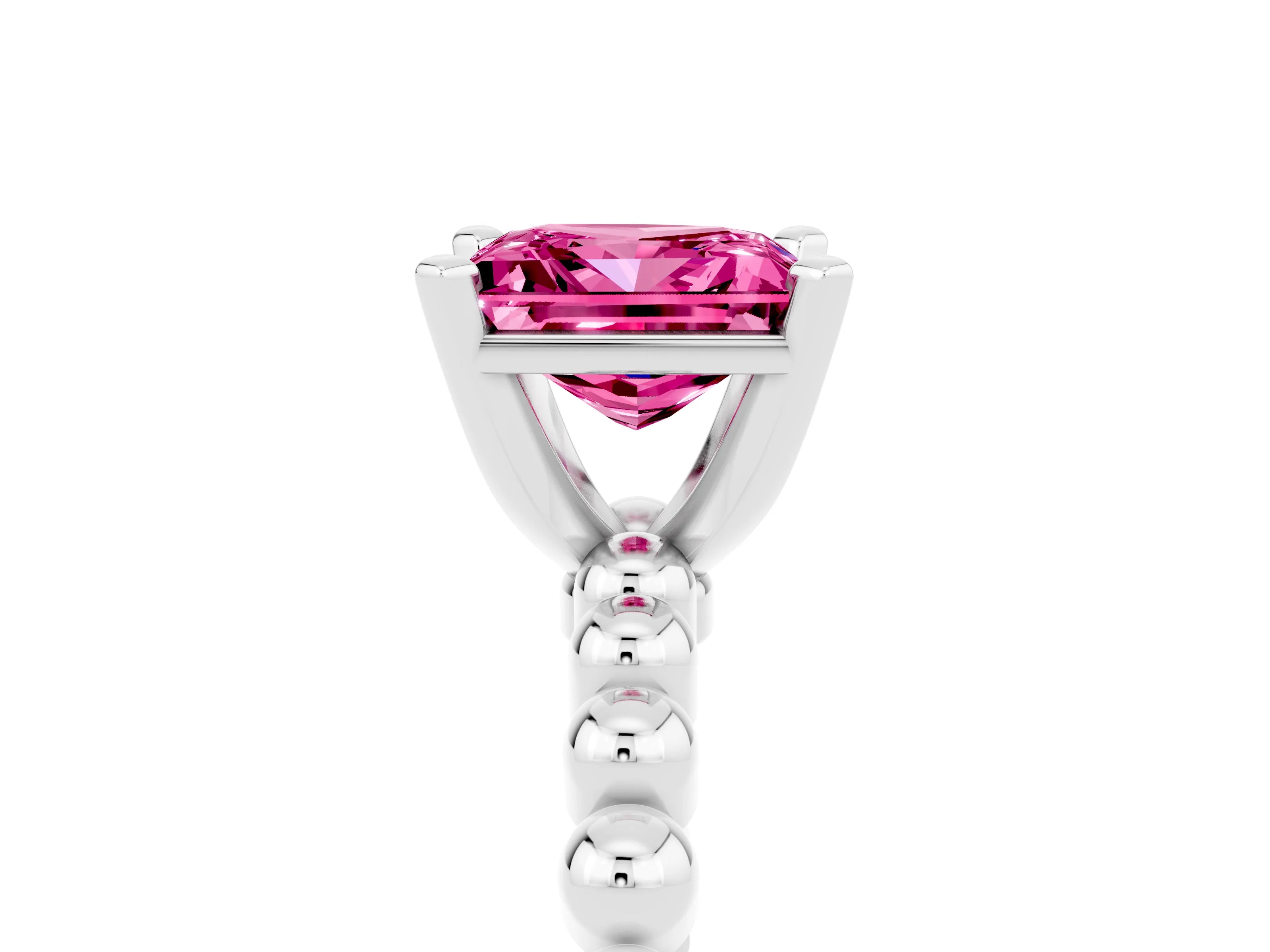 White gold Princess Cut Pink Sapphire Solitaire Ring with Beaded Band and Prong Setting_41