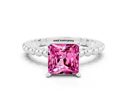 White gold Princess Cut Pink Sapphire Solitaire Ring with Beaded Band and Prong Setting_48