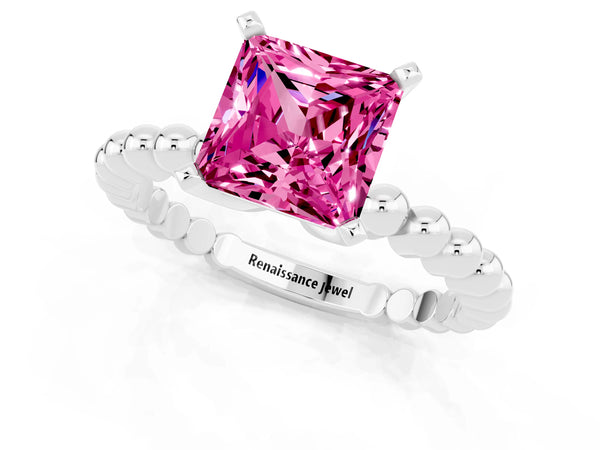 White gold Princess Cut Pink Sapphire Solitaire Ring with Beaded Band and Prong Setting