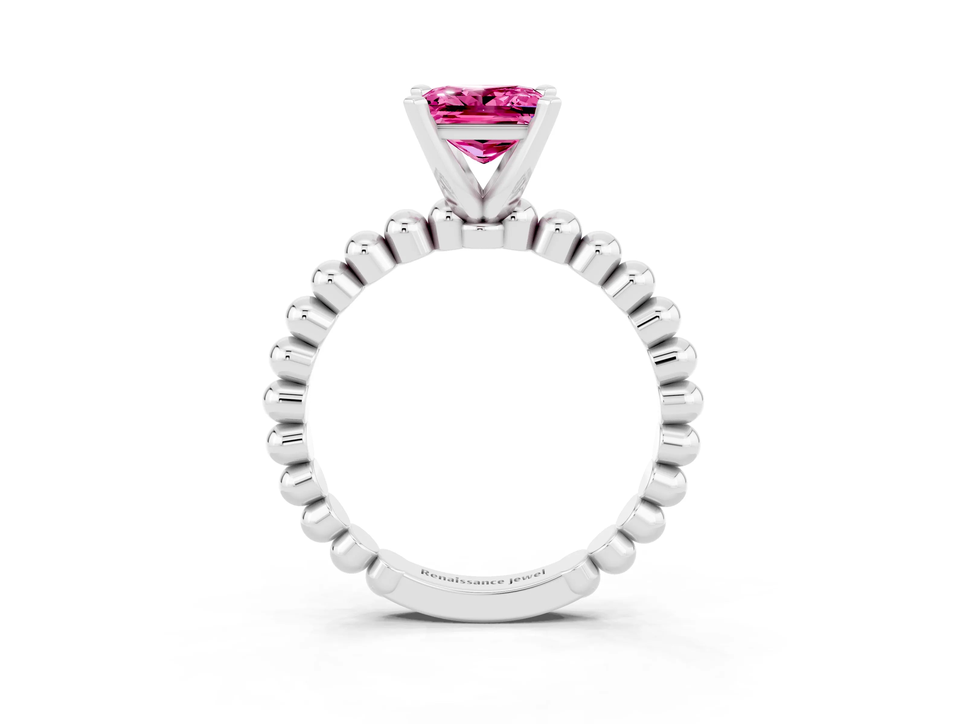 White gold Princess Cut Pink Sapphire Solitaire Ring with Beaded Band and Prong Setting_51