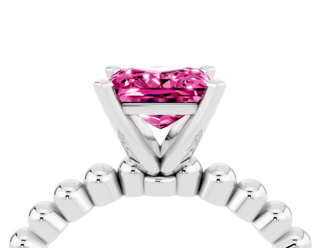 White gold Princess Cut Pink Sapphire Solitaire Ring with Beaded Band and Prong Setting_52