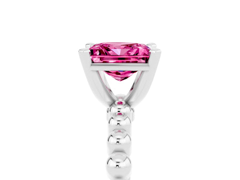 White gold Princess Cut Pink Sapphire Solitaire Ring with Beaded Band and Prong Setting_53