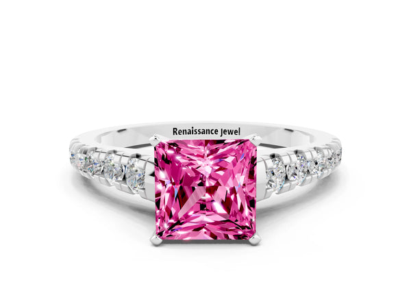 Platinum Princess Cut Pink Sapphire Cathedral Solitaire Ring with Round  Pavé Band