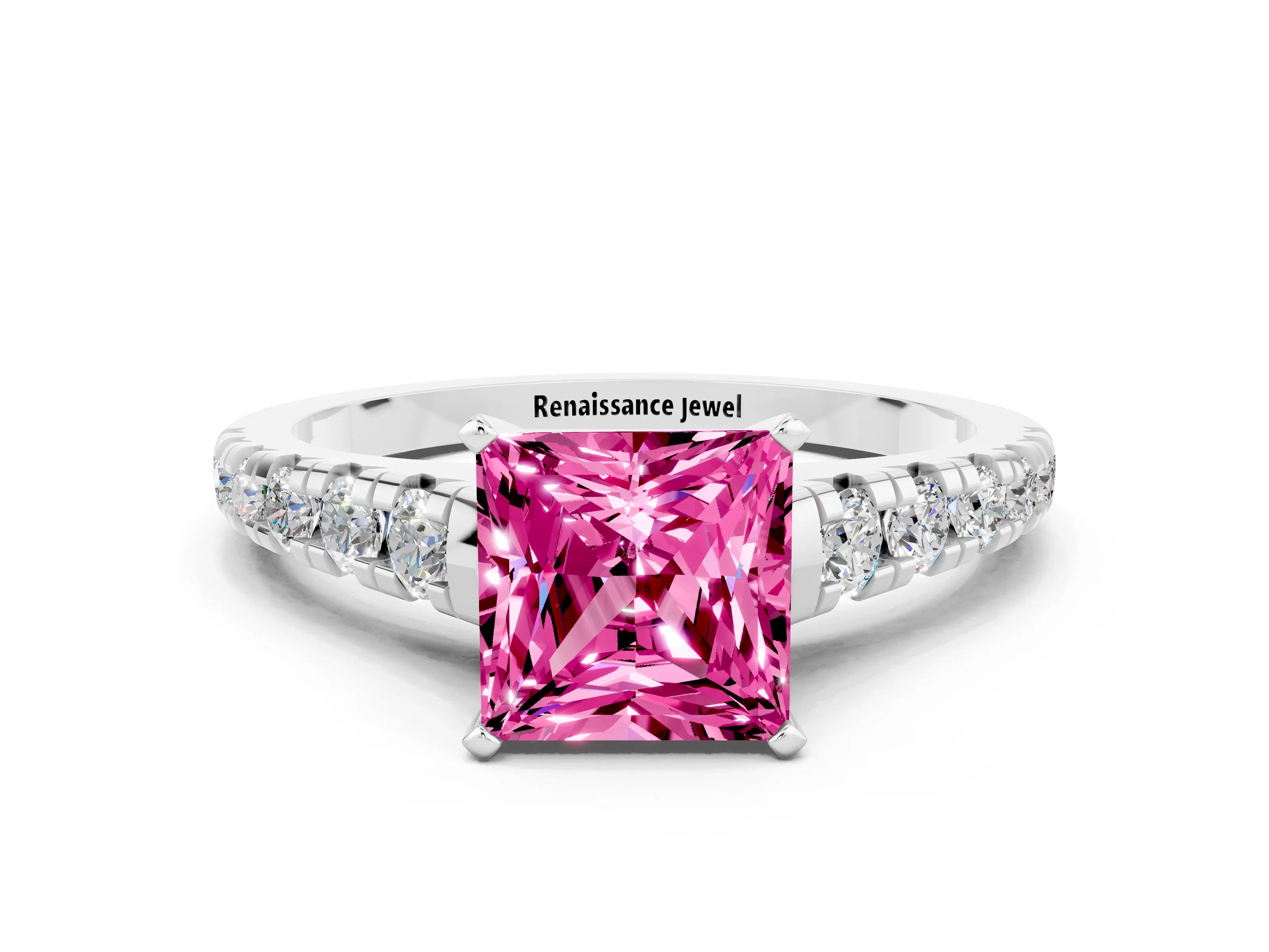 White gold Princess Cut Pink Sapphire Solitaire Ring with Cathedral Setting and Pavé Band_24