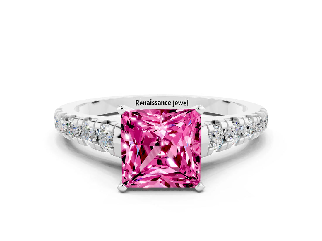 White gold Princess Cut Pink Sapphire Solitaire Ring with Cathedral Setting and Pavé Band_24