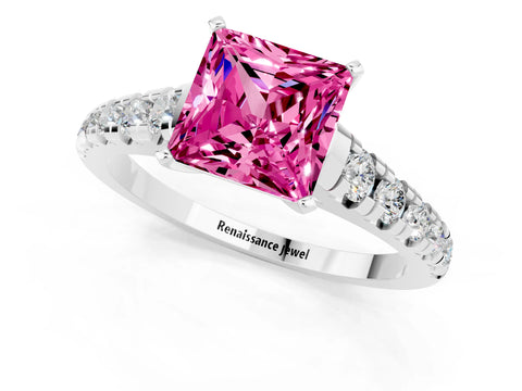 White gold Princess Cut Pink Sapphire Solitaire Ring with Cathedral Setting and Pavé Band_25