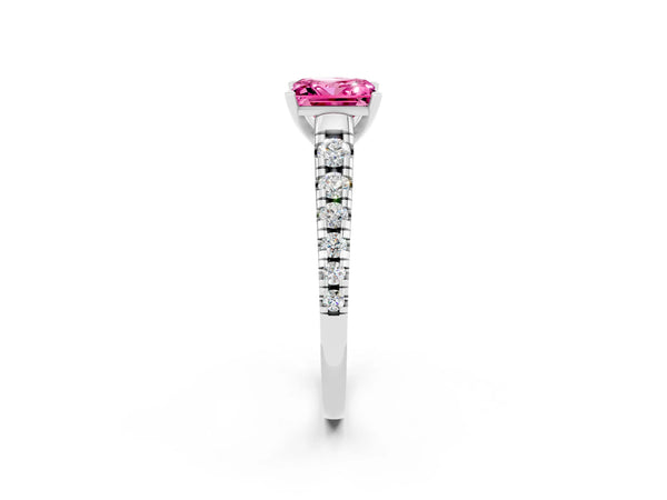 Platinum Princess Cut Pink Sapphire Cathedral Solitaire Ring with Round  Pavé Band