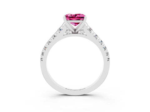 White gold Princess Cut Pink Sapphire Solitaire Ring with Cathedral Setting and Pavé Band_27