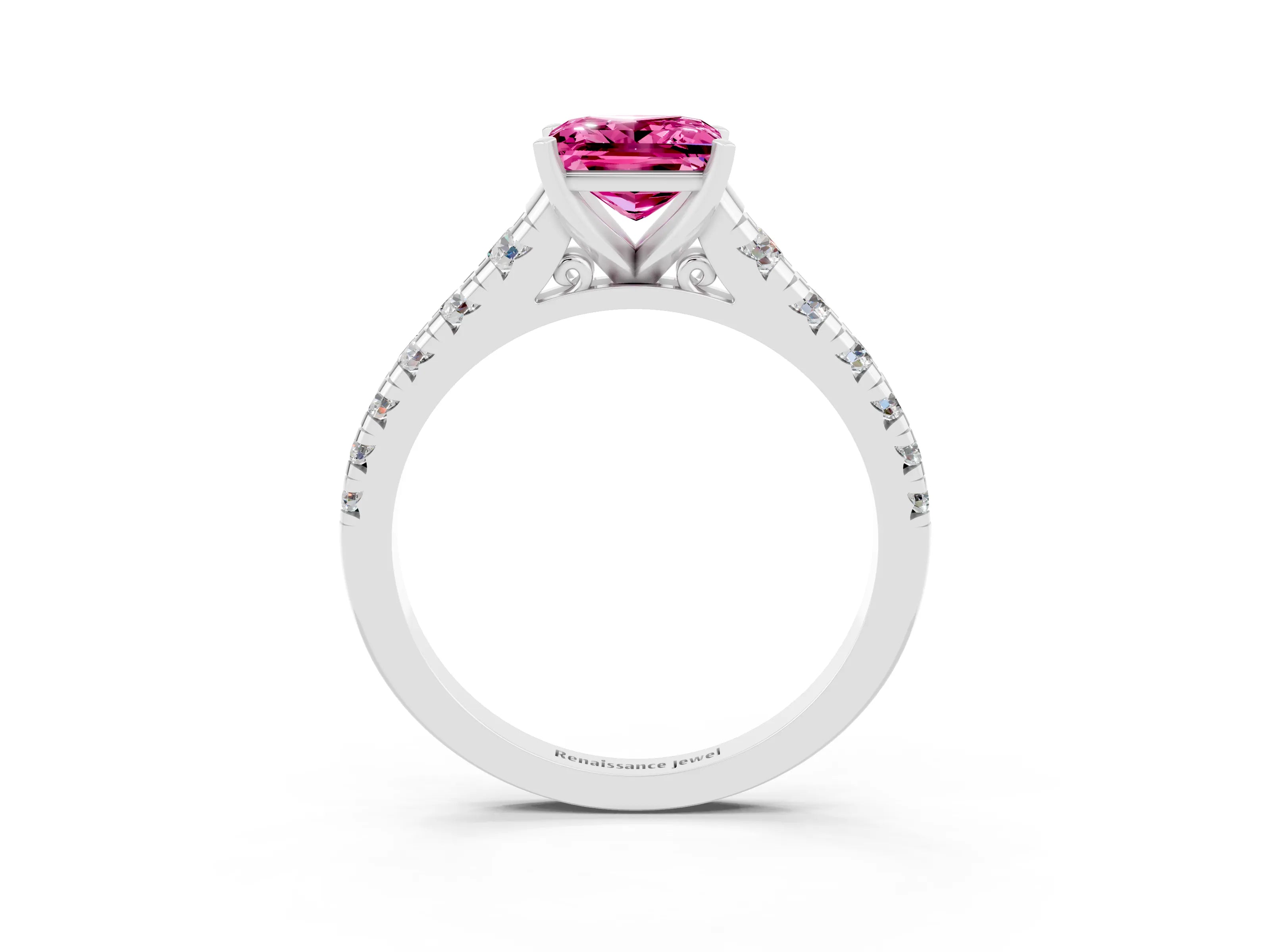 White gold Princess Cut Pink Sapphire Solitaire Ring with Cathedral Setting and Pavé Band_27