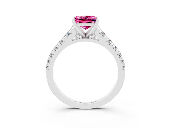 Silver Princess Cut Pink Sapphire Cathedral Solitaire Ring with Round  Pavé Band