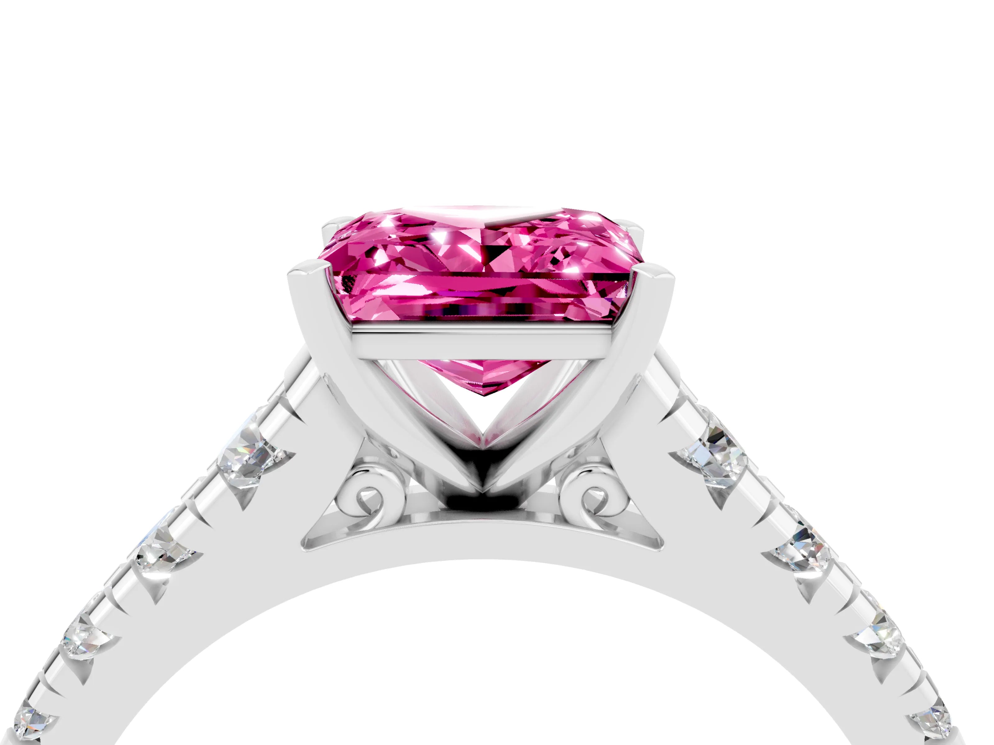 White gold Princess Cut Pink Sapphire Solitaire Ring with Cathedral Setting and Pavé Band_28