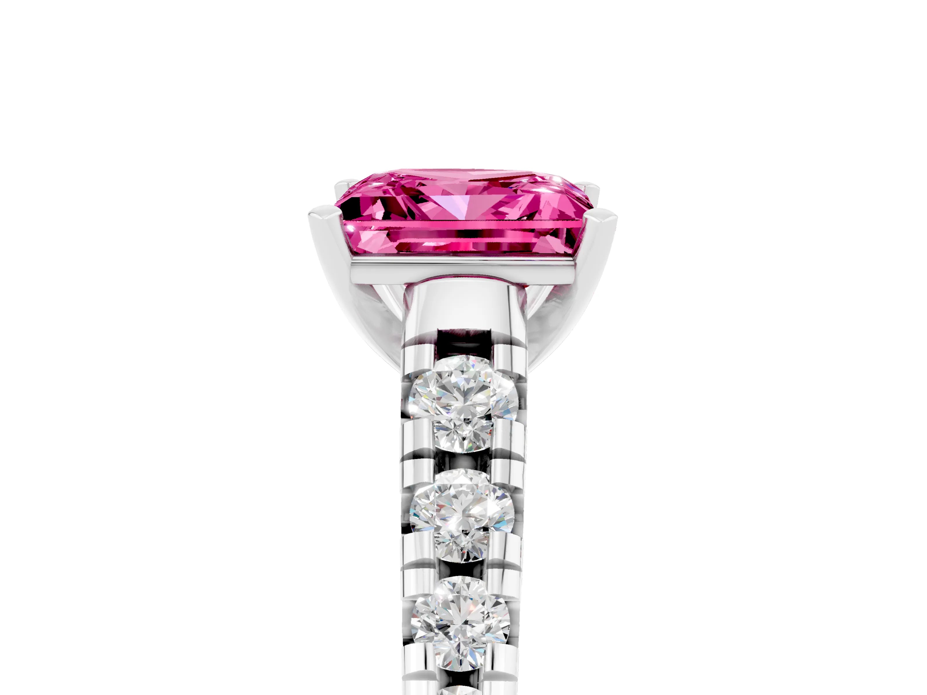 White gold Princess Cut Pink Sapphire Solitaire Ring with Cathedral Setting and Pavé Band_29