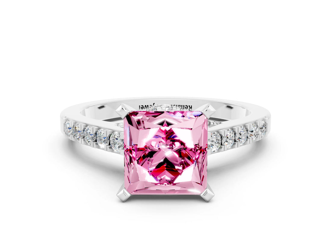 White gold Princess Cut Pink Sapphire Solitaire Ring with Crossover Gallery and Round  Pavé Band_12