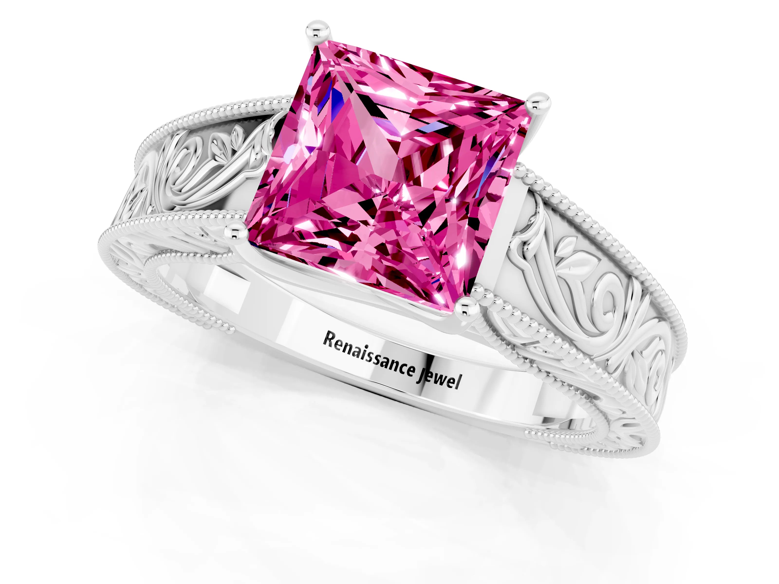 White gold Princess Cut Pink Sapphire Solitaire Ring with Engraved Band and Four-Prong Setting_1