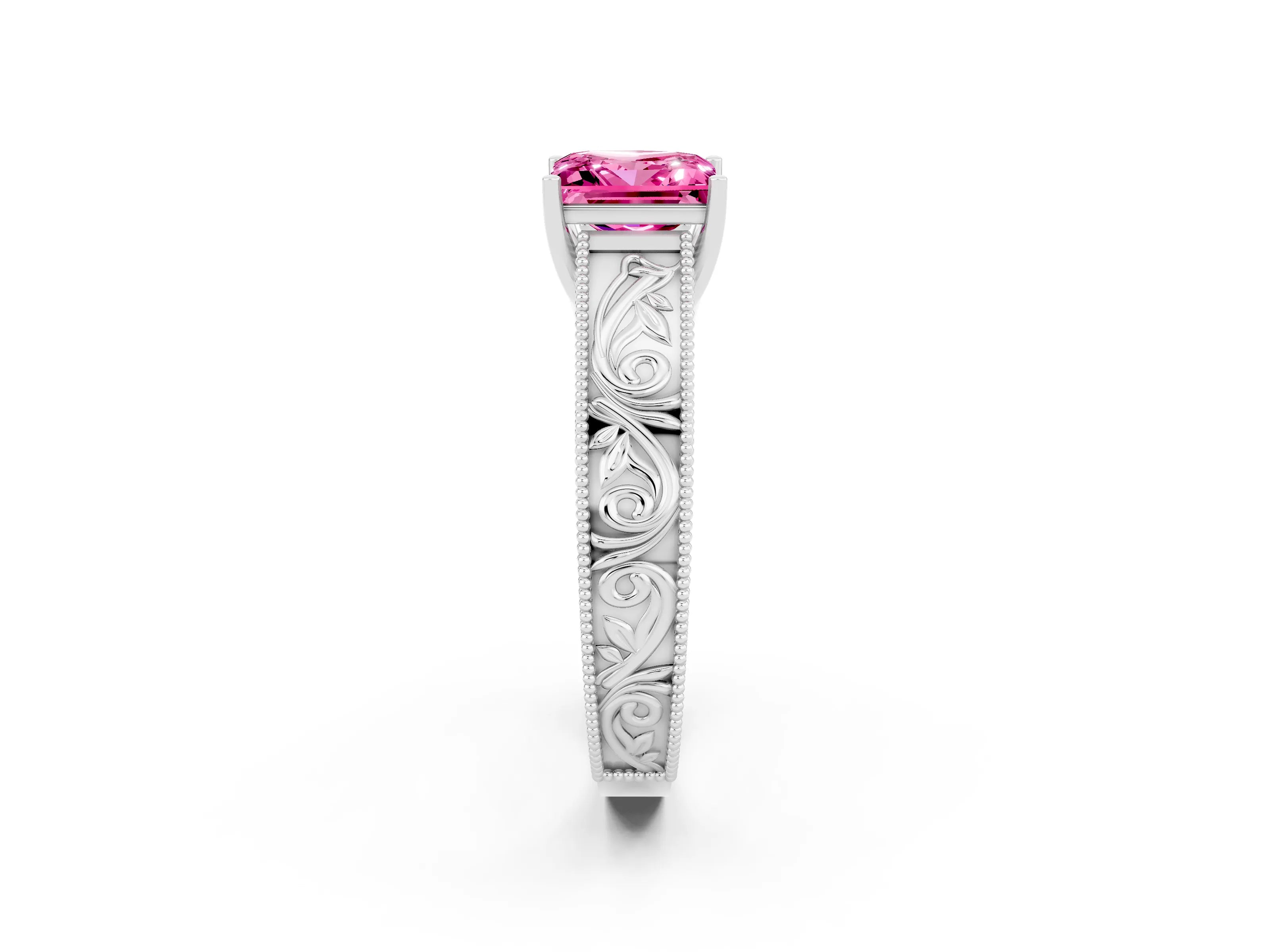 White gold Princess Cut Pink Sapphire Solitaire Ring with Engraved Band and Four-Prong Setting_2