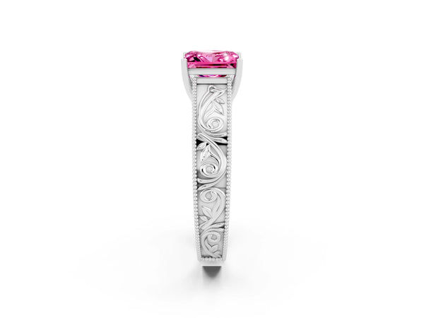 Platinum Princess Cut Pink Sapphire Solitaire Ring with Engraved Band and Four-Prong Setting
