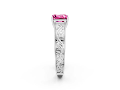 White gold Princess Cut Pink Sapphire Solitaire Ring with Engraved Band and Four-Prong Setting_2