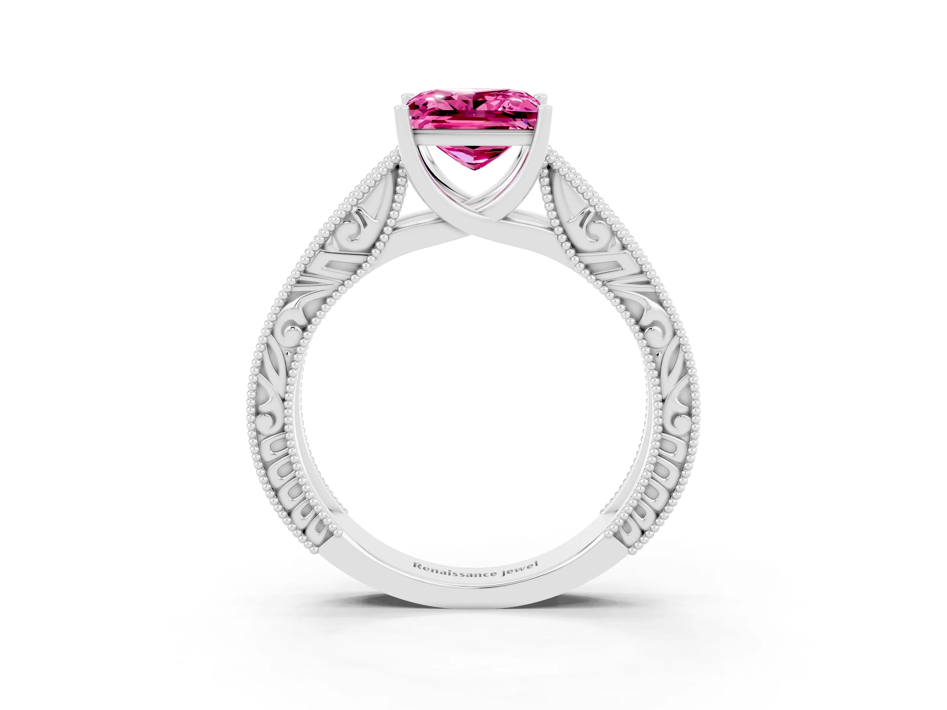 White gold Princess Cut Pink Sapphire Solitaire Ring with Engraved Band and Four-Prong Setting_3