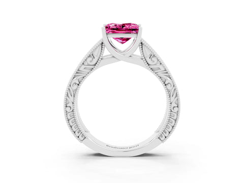 White gold Princess Cut Pink Sapphire Solitaire Ring with Engraved Band and Four-Prong Setting_3