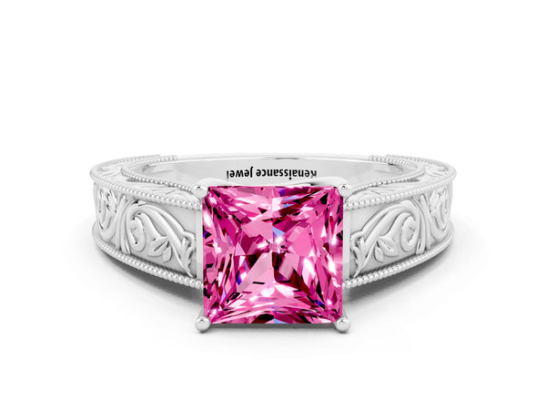 White gold Princess Cut Pink Sapphire Solitaire Ring with Engraved Band and Four-Prong Setting