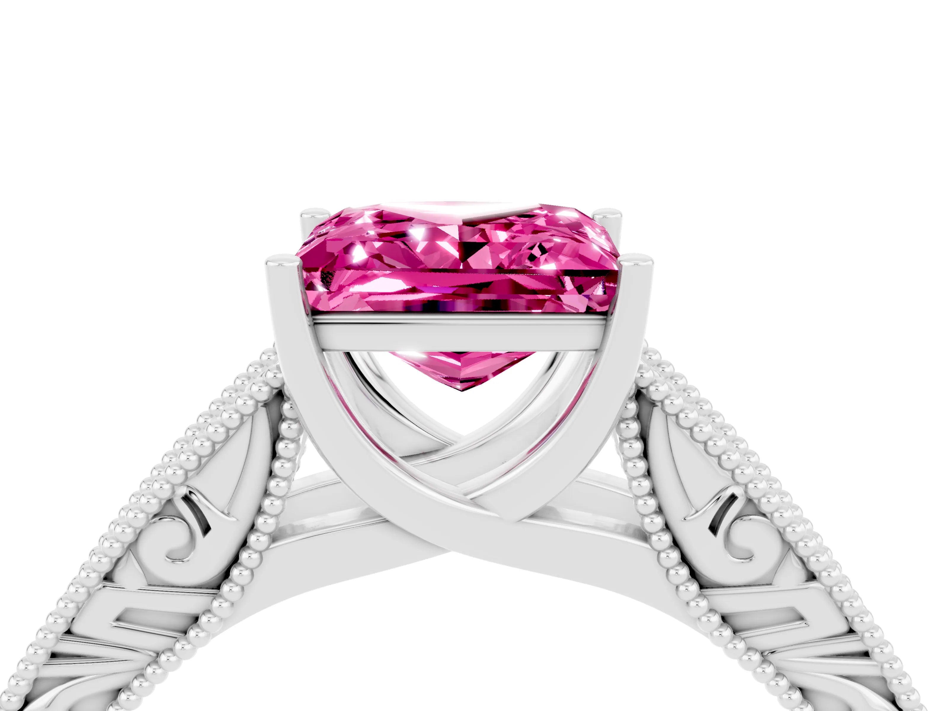 White gold Princess Cut Pink Sapphire Solitaire Ring with Engraved Band and Four-Prong Setting_4