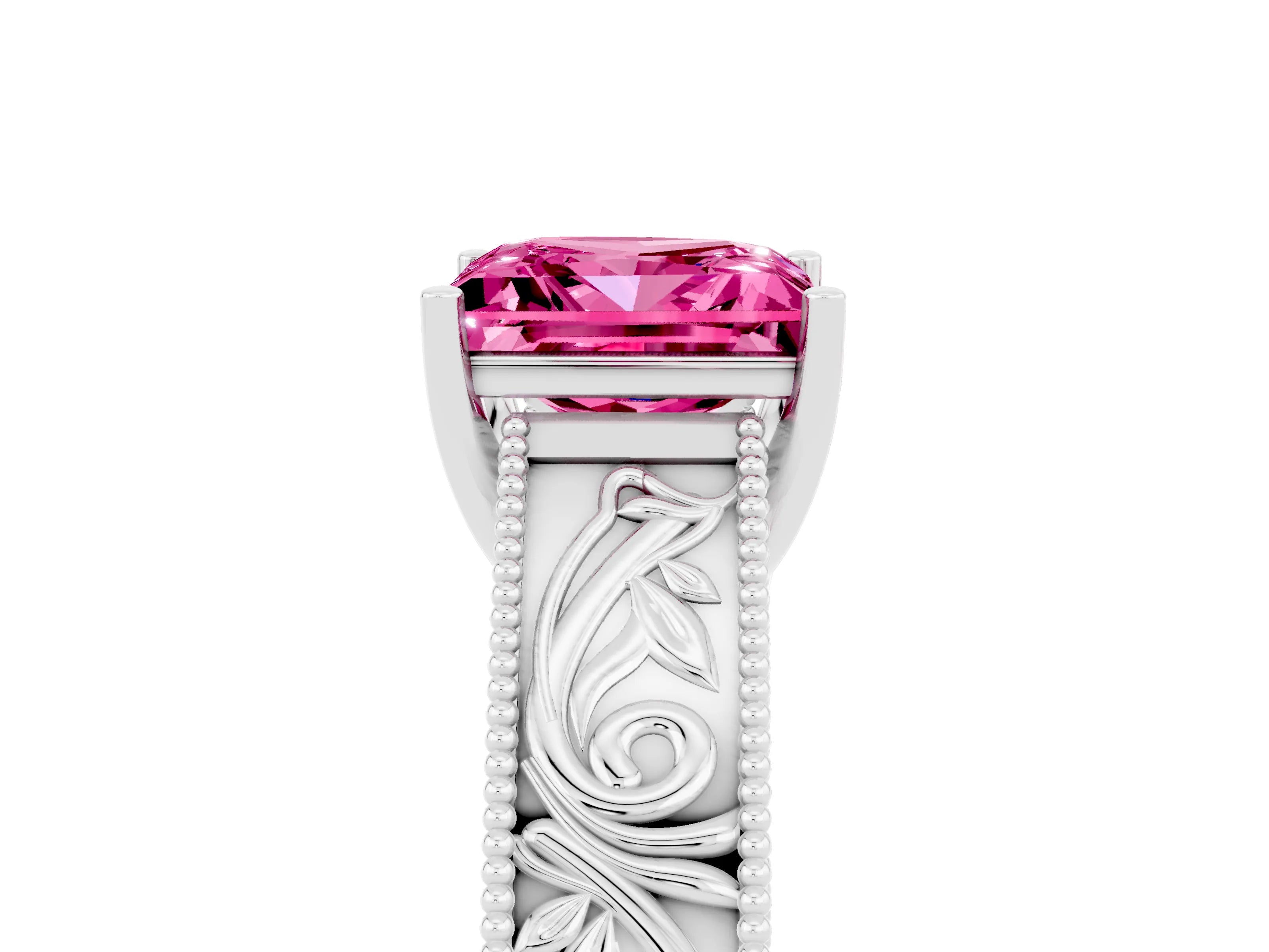 White gold Princess Cut Pink Sapphire Solitaire Ring with Engraved Band and Four-Prong Setting_5