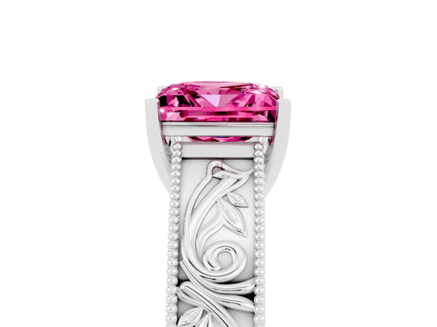 White gold Princess Cut Pink Sapphire Solitaire Ring with Engraved Band and Four-Prong Setting_5
