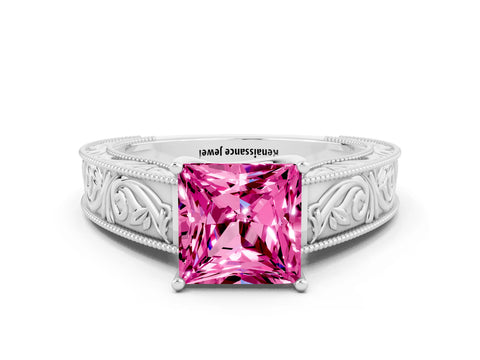 White gold Princess Cut Pink Sapphire Solitaire Ring with Engraved Band and Four-Prong Setting