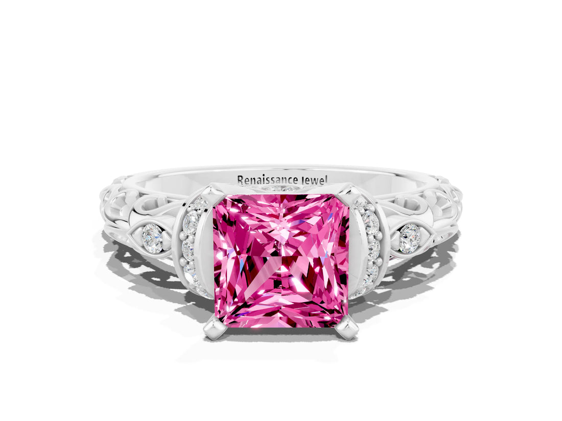 White gold Princess Cut Pink Sapphire Solitaire Ring with Filigree Band and Four-Prong Setting_48