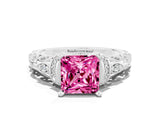 White gold Princess Cut Pink Sapphire Solitaire Ring with Filigree Band and Four-Prong Setting_48