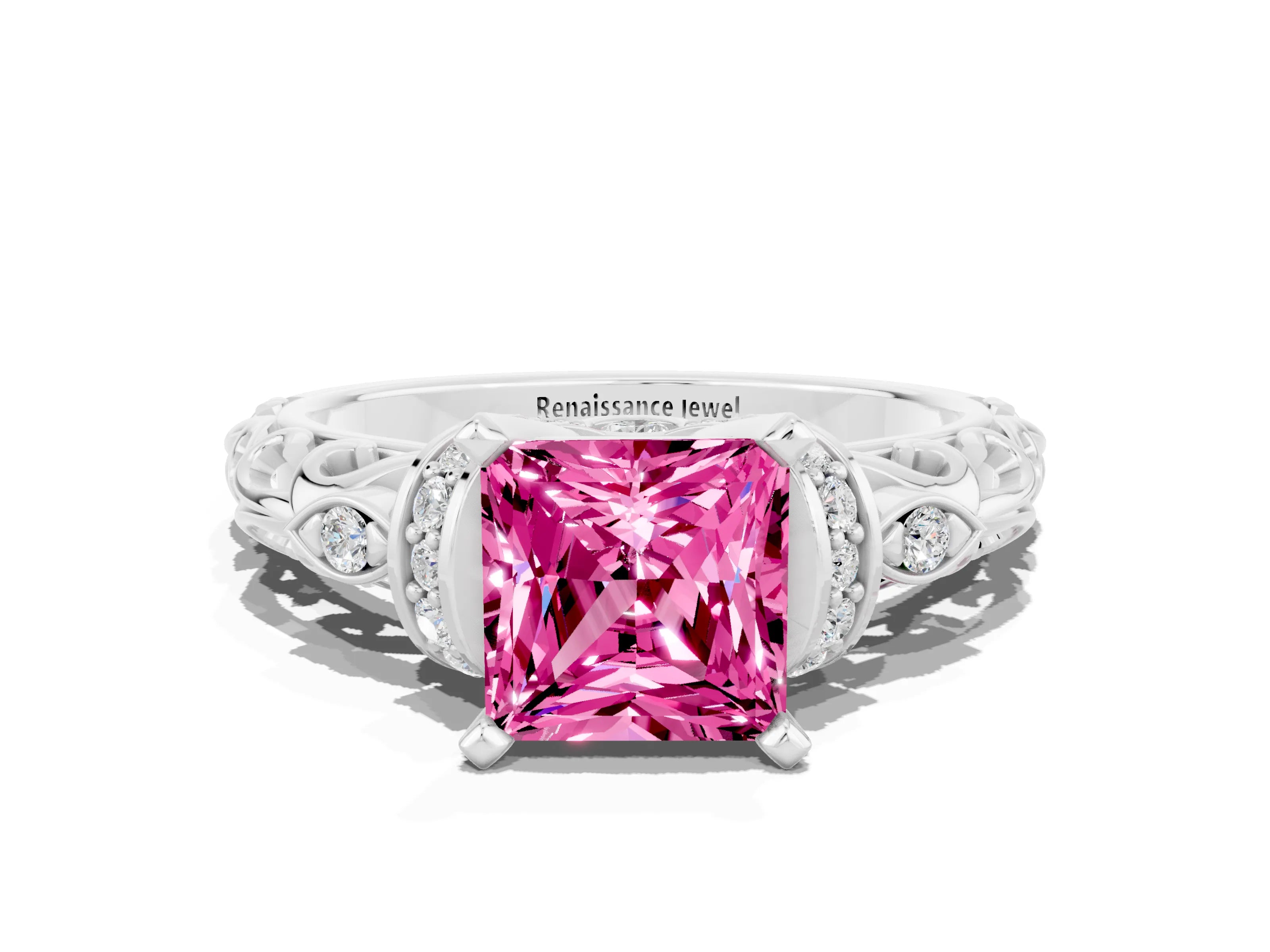 White gold Princess Cut Pink Sapphire Solitaire Ring with Filigree Band and Four-Prong Setting_48