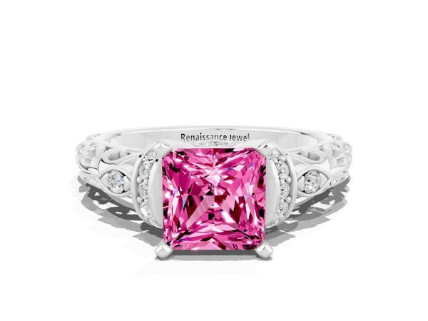 Silver Princess Cut Pink Sapphire Solitaire Ring with Filigree Band and Four-Prong Setting