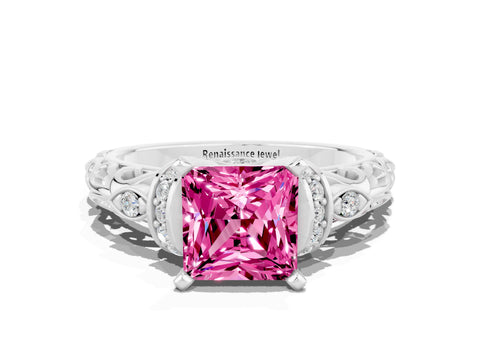 White gold Princess Cut Pink Sapphire Solitaire Ring with Filigree Band and Four-Prong Setting_48