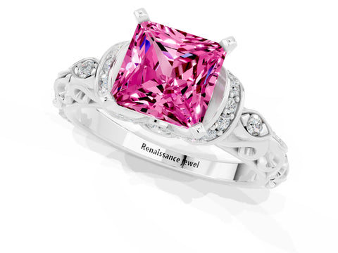 White gold Princess Cut Pink Sapphire Solitaire Ring with Filigree Band and Four-Prong Setting_49
