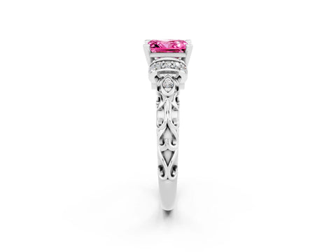 White gold Princess Cut Pink Sapphire Solitaire Ring with Filigree Band and Four-Prong Setting_50