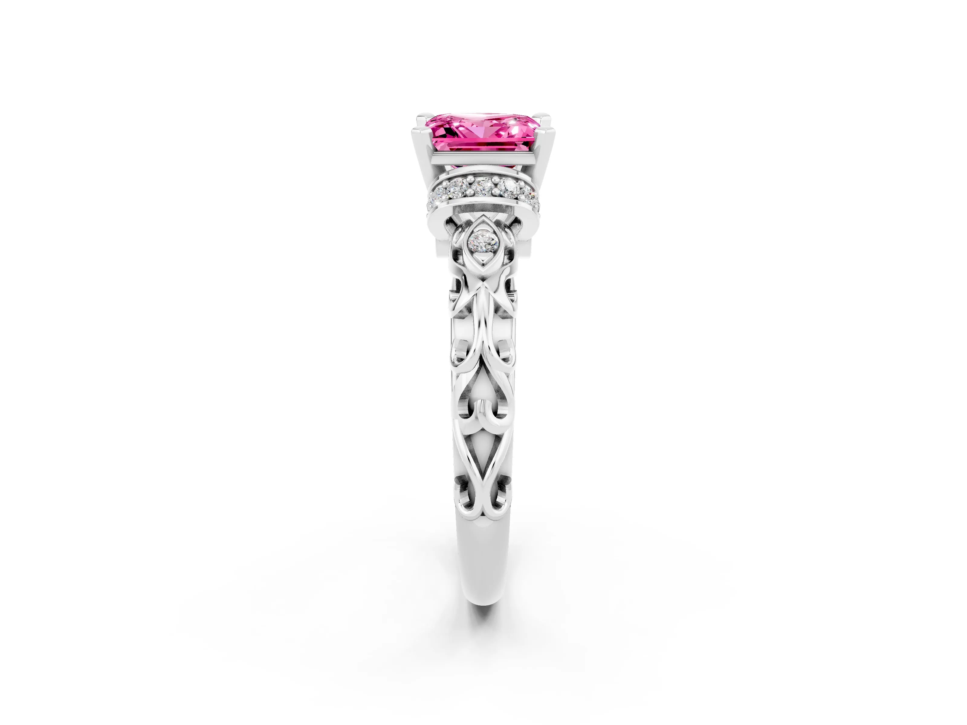 White gold Princess Cut Pink Sapphire Solitaire Ring with Filigree Band and Four-Prong Setting_50