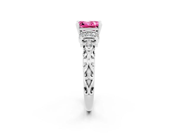 Silver Princess Cut Pink Sapphire Solitaire Ring with Filigree Band and Four-Prong Setting