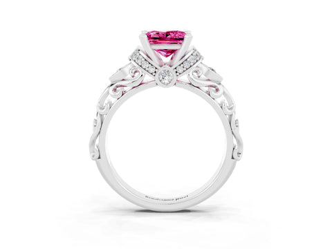 White gold Princess Cut Pink Sapphire Solitaire Ring with Filigree Band and Four-Prong Setting_51