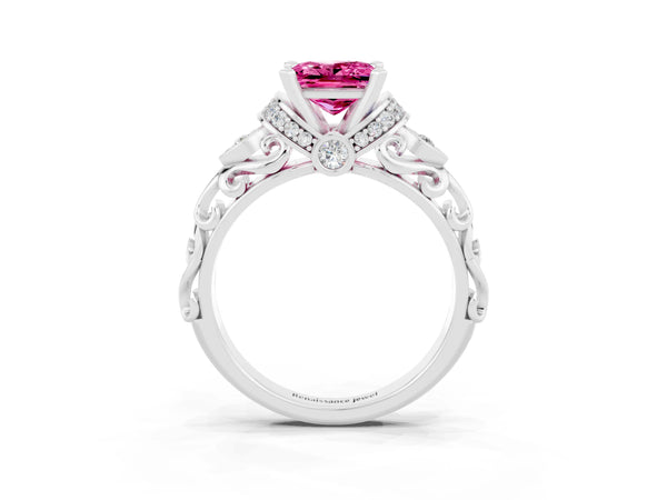 White gold Princess Cut Pink Sapphire Solitaire Ring with Filigree Band and Four-Prong Setting