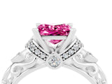 White gold Princess Cut Pink Sapphire Solitaire Ring with Filigree Band and Four-Prong Setting_52