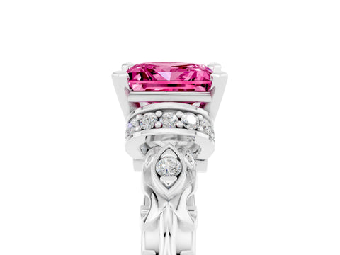 White gold Princess Cut Pink Sapphire Solitaire Ring with Filigree Band and Four-Prong Setting_53