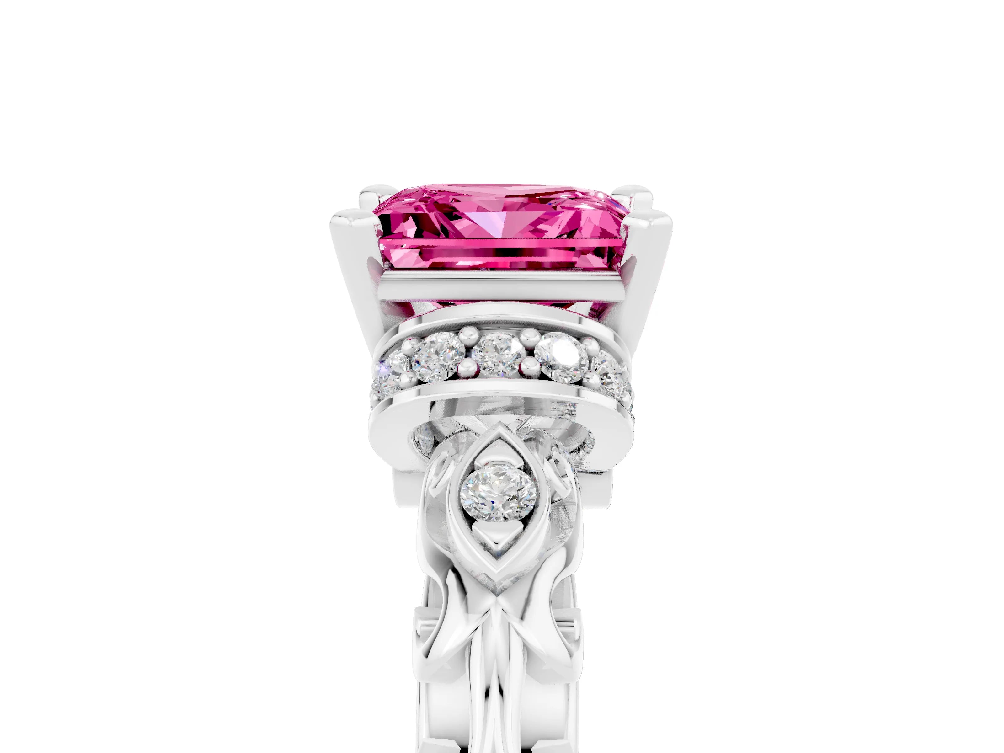 White gold Princess Cut Pink Sapphire Solitaire Ring with Filigree Band and Four-Prong Setting_53