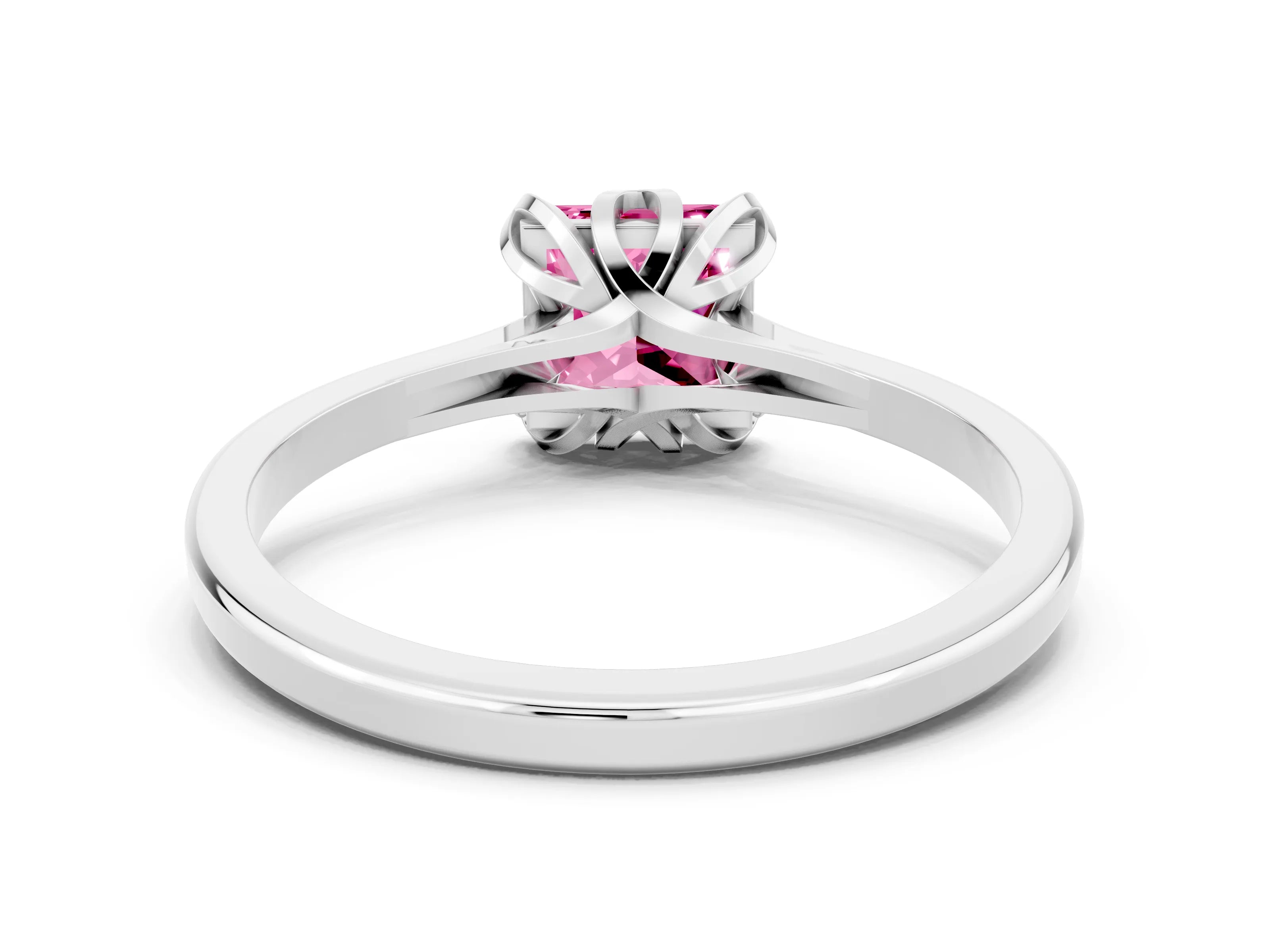 White gold Princess Cut Pink Sapphire Solitaire Ring with Flower Prong Setting and Classic Band_36