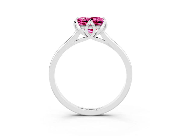 White gold Princess Cut Pink Sapphire Solitaire Ring with Flower Prong Setting and Classic Band