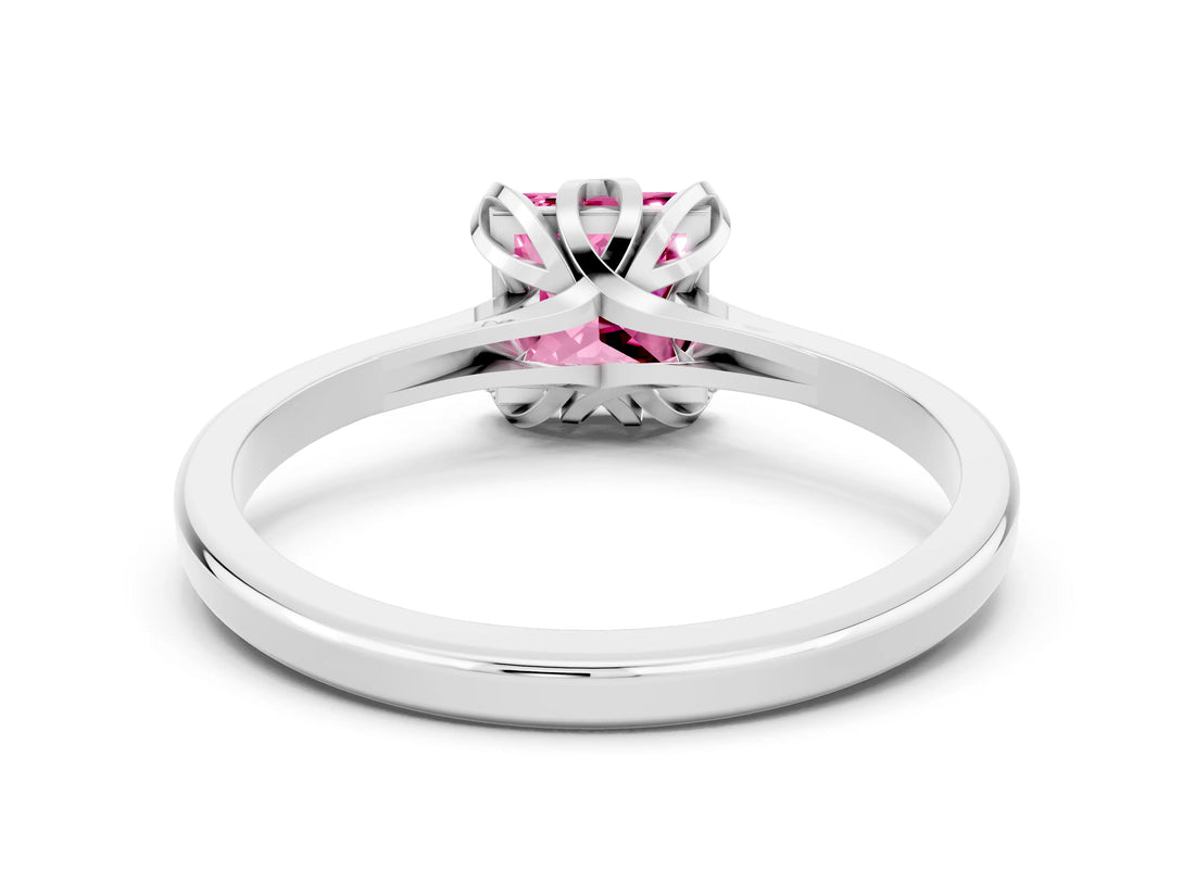 White gold Princess Cut Pink Sapphire Solitaire Ring with Flower Prong Setting and Classic Band_43