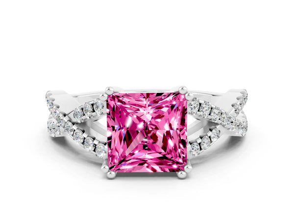 White gold Princess Cut Pink Sapphire Solitaire Ring with Four-Prong Setting and Twisted Pavé Band