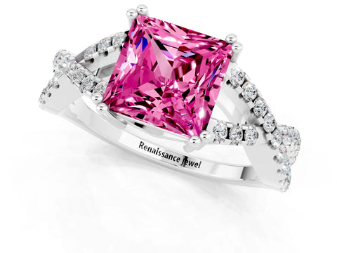 White gold Princess Cut Pink Sapphire Solitaire Ring with Four-Prong Setting and Twisted Pavé Band_13
