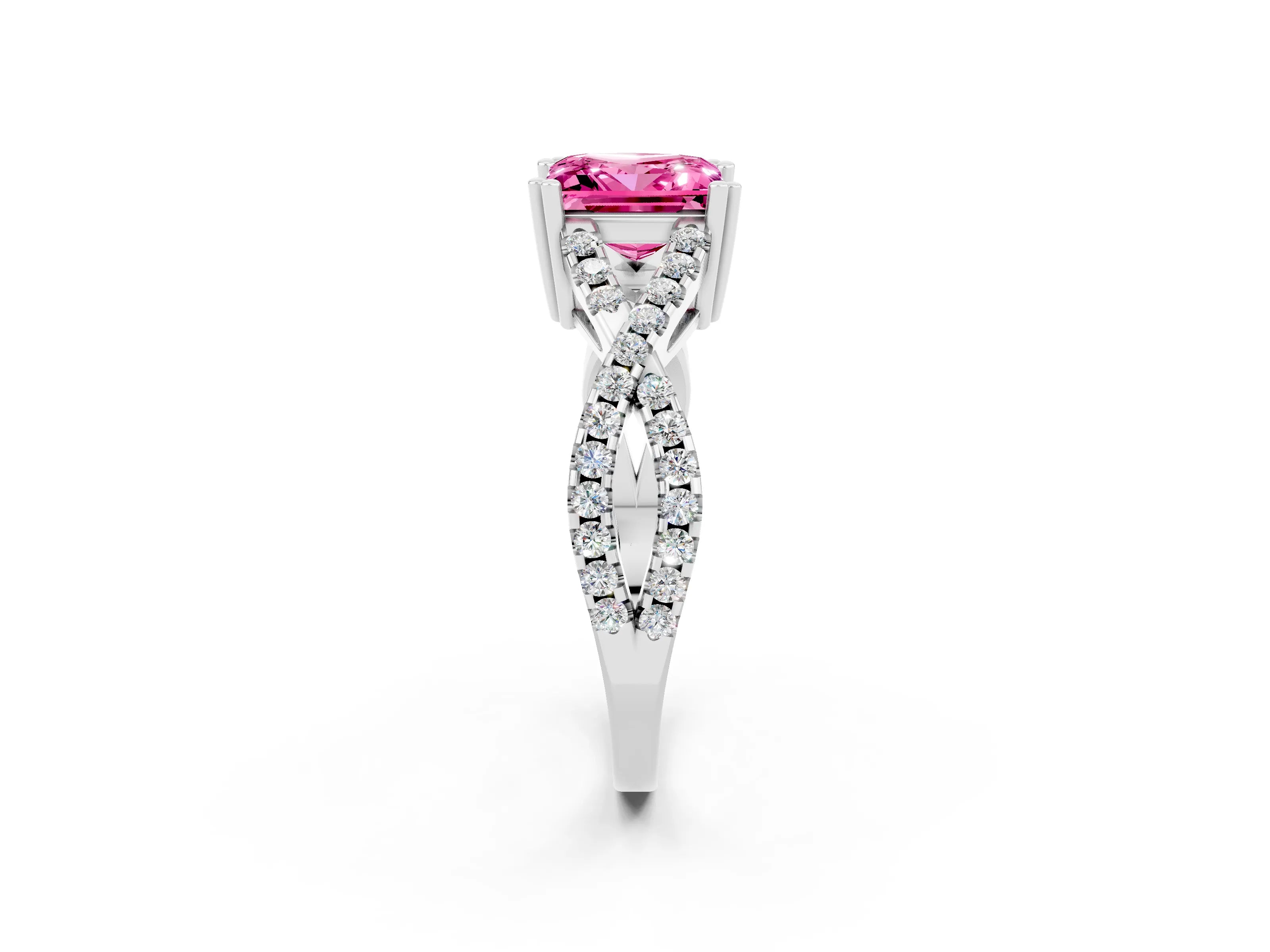 White gold Princess Cut Pink Sapphire Solitaire Ring with Four-Prong Setting and Twisted Pavé Band_14