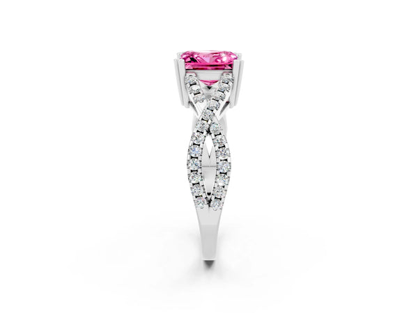 Platinum Princess Cut Pink Sapphire Solitaire Ring with Four-Prong Setting and Twisted Pavé Band