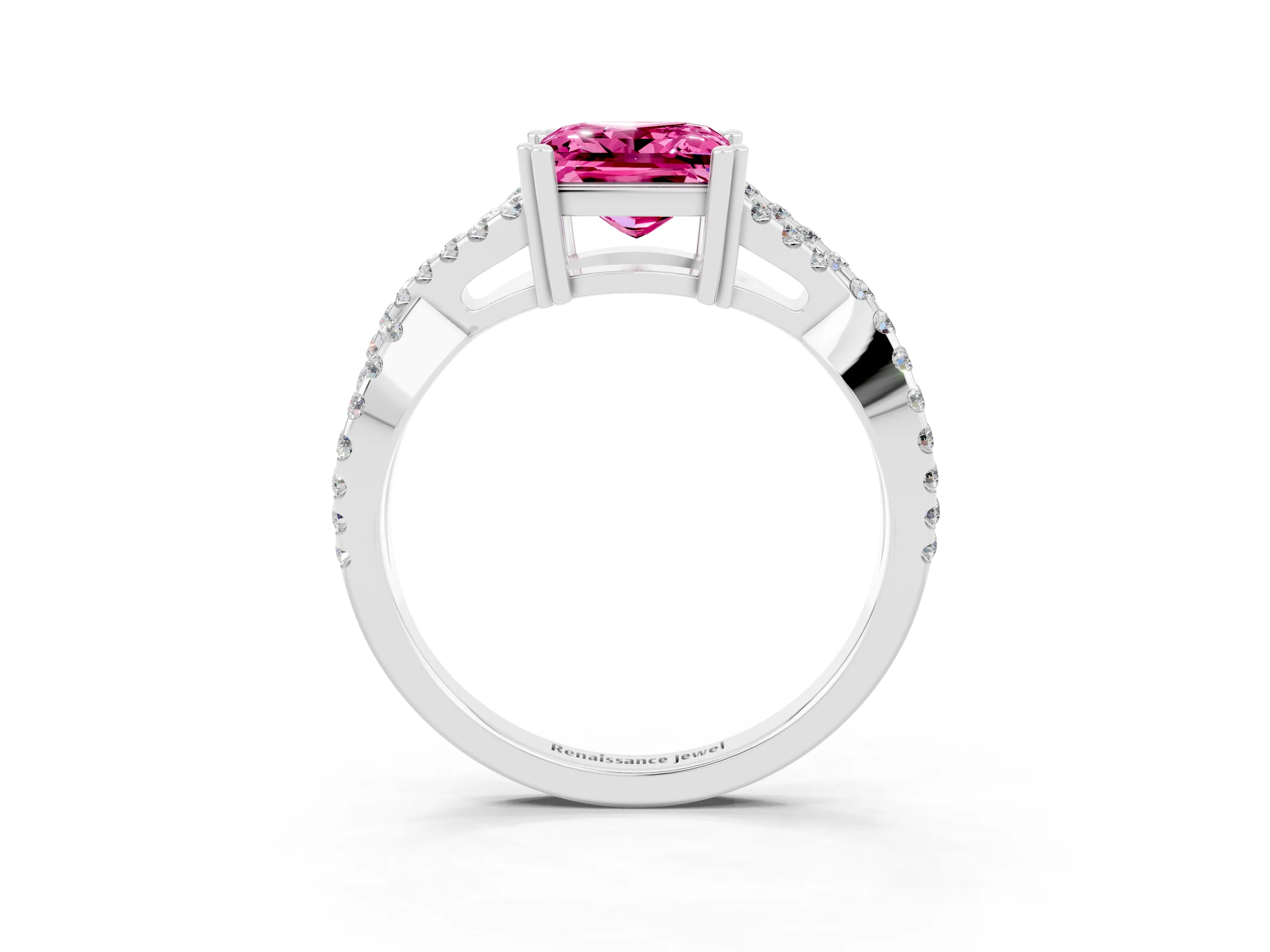 White gold Princess Cut Pink Sapphire Solitaire Ring with Four-Prong Setting and Twisted Pavé Band_15